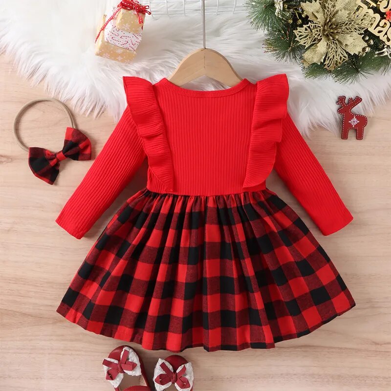 Christmas Plaid Ruffles with Long Sleeve Dress