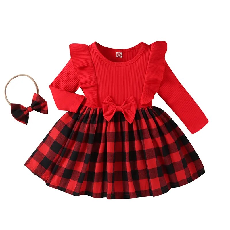 Christmas Plaid Ruffles with Long Sleeve Dress