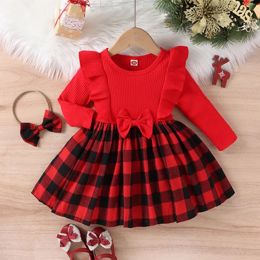 Christmas Plaid Ruffles with Long Sleeve Dress